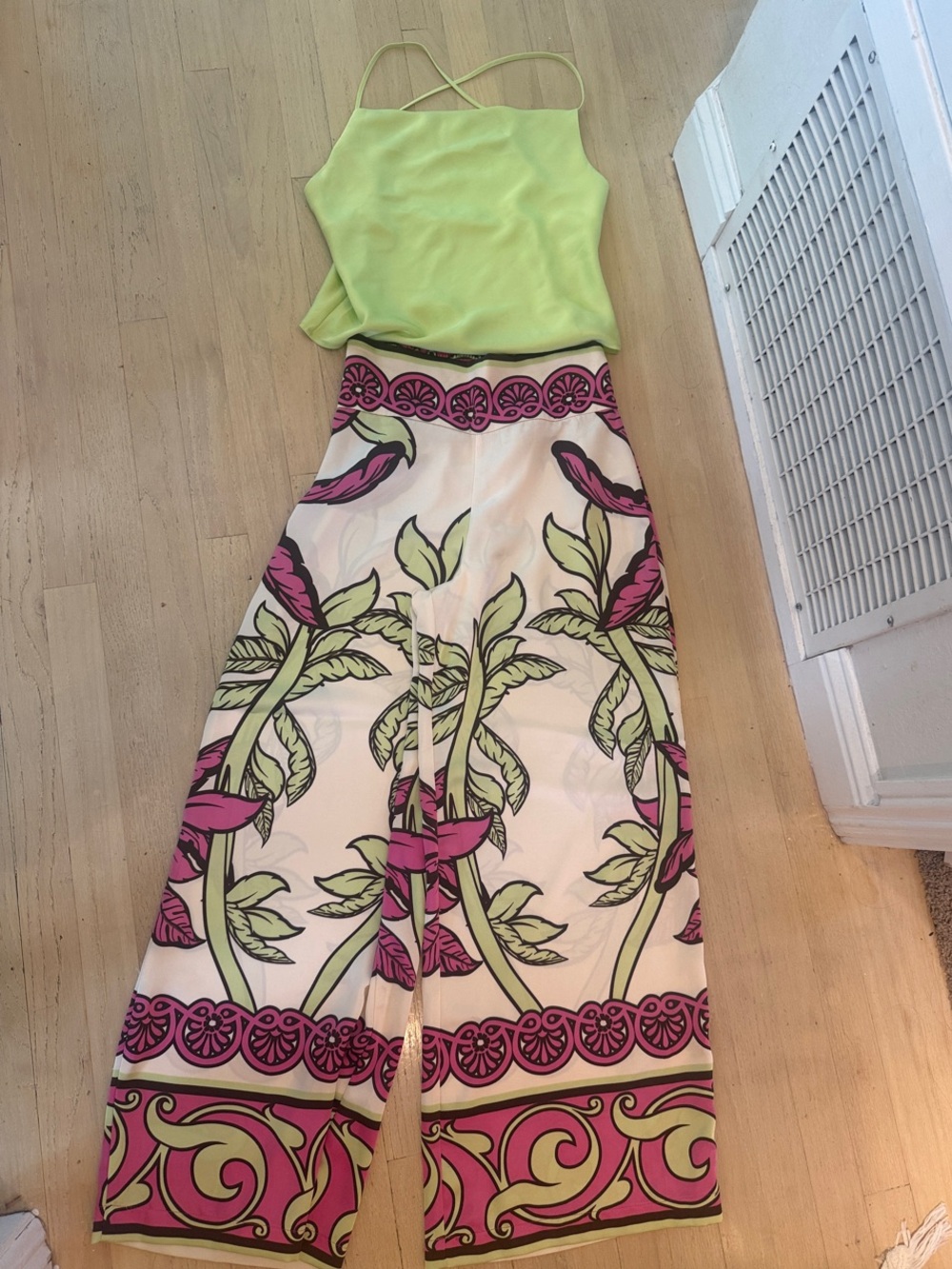 Rachel Zoe Lime Green & Pink Wide Leg Jumpsuit Pants